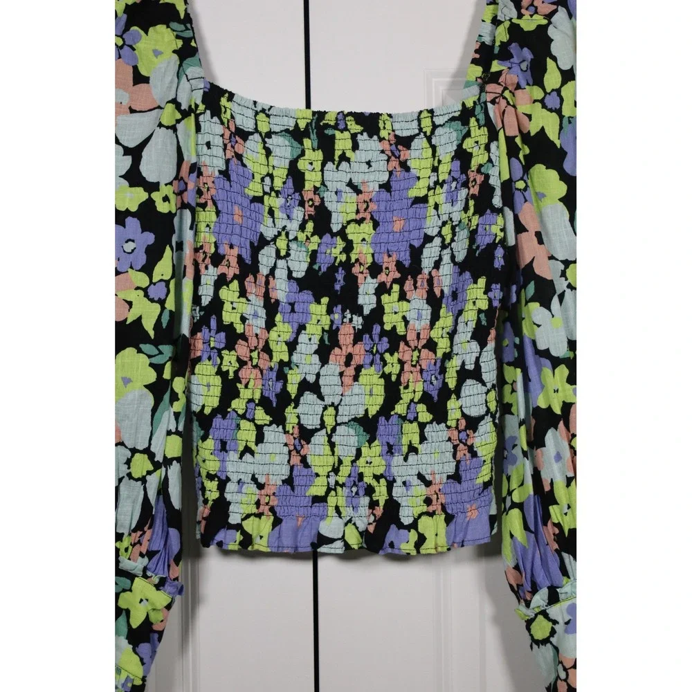 Free People Womens Floral Smocked Puff Sleeve Square Neck Blouse Black Multi‎ M